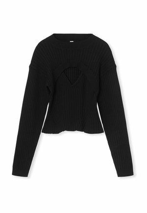 Pulover negru cu nervuri, cu mâneci lungi și o tăietură unică în formă de V în centrul acestuia. Textură moale și design scurt.