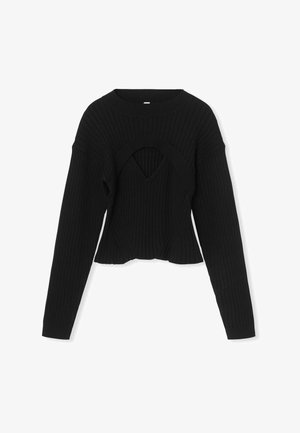 Črna rebrasta pulover z dolgimi rokavi in edinstvenim V-izrezom na sredini. Mehka tekstura in skrajšana zasnova.