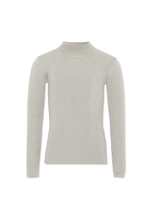Pull à manches longues en maille côtelée gris clair avec un col montant, posé à plat sur fond blanc.