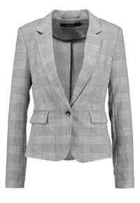 Grau kariertes Blazer aus gewebtem Stoff, mit Reverskragen, zwei vorderen Taschen und einem einzigen Knopfverschluss. Slim-Fit-Design.