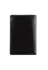 Schwarze Lederbörse mit strukturierten Oberfläche, rechteckiger Form, abgerundeten Kanten und dezenten Steppdetails entlang des Randes.