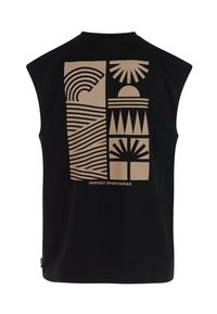 Black sleeveless t-shirt with large beige geometric patterns featuring waves, a sun, and trees. Material appears smooth, design is bold and graphic.
