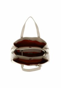 Beige Leder-Shopper mit zwei Fächern, Reißverschlussfach und glatter Textur. Ausgestattet mit einem kontrastierenden orangefarbenen Innenfutter. Doppeltes Tragegestell.