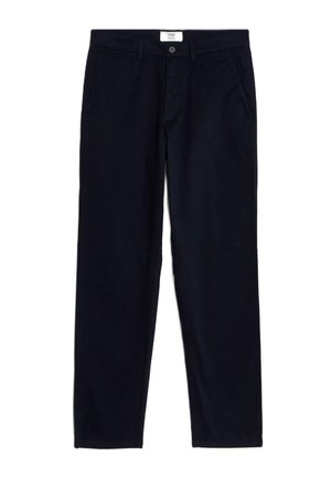 Chinos de algodón azul marino con un diseño de pierna recta, dos bolsillos delanteros y un cierre de botón en la cintura.
