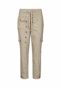 Pantalon cargo beige en tissu texturé, avec poches latérales, boutons décoratifs et une taille à cordon, ornée de surpiqûres visibles.