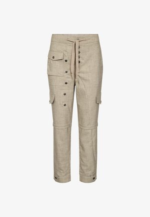 Bež cargo hlače od teksturiranog tkanja, s bočnim džepovima, ukrasima od gumba i strukom sa vezicom te vidljivim detaljima šavova.
