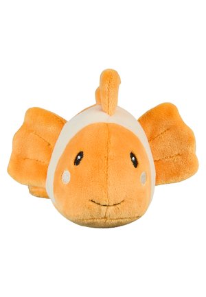 Orange-weißes Plüsch-Spielzeug in Form eines Clownfischs mit großen Flossen, schwarz-weißen Augen und einem kleinen lächelnden Mund auf weißem Hintergrund.