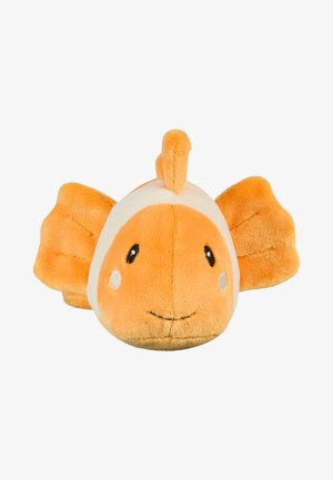 Orange and white plush clownfish toy with large fins, black and white eyes, and a small smiling mouth on a white background.
