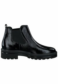 Bottine Chelsea noire avec une finition brillante, des panneaux latéraux élastiques, une languette de tirage et une semelle en caoutchouc épaisse contrastante avec un motif de crampons.