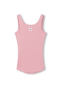 Roze geribbelde tanktop met een ronde hals, dunne schouderbandjes en een afgeronde zoom. Heeft een klein vierkant logo op de achterkant. Gemaakt van een zachte katoenen mix.