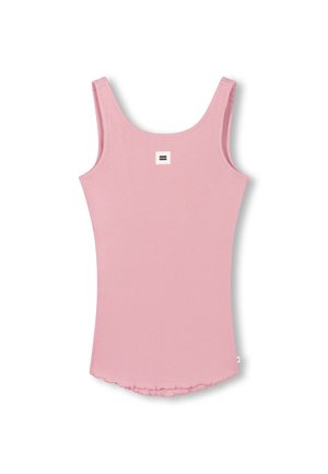 Roze geribbelde tanktop met een ronde hals, dunne schouderbandjes en een afgeronde zoom. Heeft een klein vierkant logo op de achterkant. Gemaakt van een zachte katoenen mix.