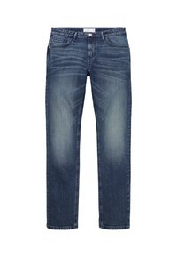 Jeans in denim blu scuro con taglio dritto, leggero sbiadimento sulle cosce, design a cinque tasche e chiusura con bottone metallico in vita.