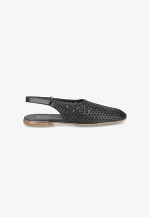 Mule plate en cuir noir tressé avec un bout pointu fermé et une semelle en bois.