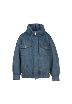 Blaue Denimjacke mit hohem Kragen, vorderem Reißverschluss, zwei aufgesetzten Brusttaschen mit Knöpfen sowie elastischem Bund und Bündchen.