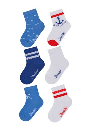 Satz von sechs Knöchelsocken in Blau, Weiß und Rot. Enthält Muster wie Wellen, einen Anker und Streifen. Hergestellt aus Baumwollmischung mit gerippten Bündchen.