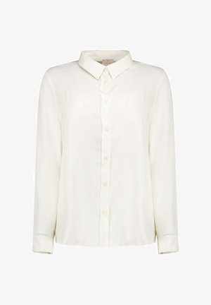 Witte blouse met lange mouwen, knoopsluiting, puntkraag en knoopsluitingen aan de manchetten, getoond tegen een effen achtergrond.