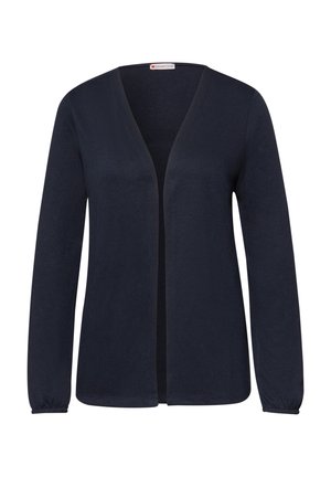 Marineblauwe open voorkant cardigan met lange mouwen en elastische manchetten, gemaakt van zachte gebreide stof.