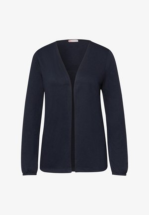Granatowy kardigan z otwartym przodem, z długimi rękawami i elastycznymi mankietami, wykonany z miękkiej dzianiny.