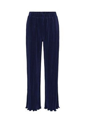 Pantaloni a pieghe blu navy con elastico in vita, fondo svasato e texture morbida. Il materiale presenta strisce verticali per un tocco di dettaglio in più.