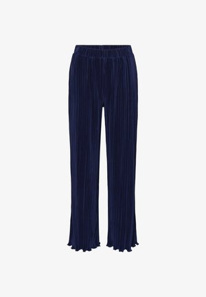 Navy pleated pants with an elastic waistband, flared bottom, and a soft texture. The material features vertical stripes for added detail.