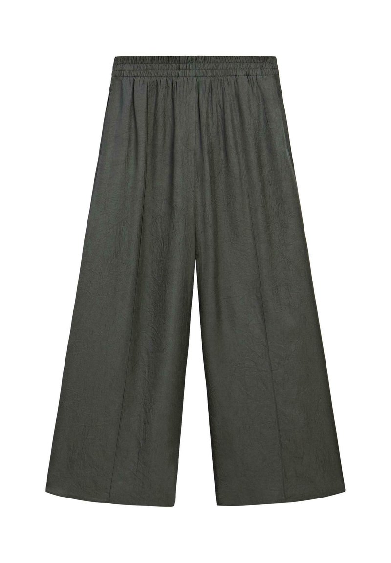 Pantalons cropped à jambes larges en vert foncé, avec une finition texturée et une taille élastique pour un enfilage facile.