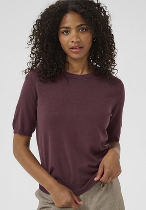 Short-sleeve burgundy sweater with a round neckline and ribbed hem. Smooth texture, fitted silhouette, and minimal design details.