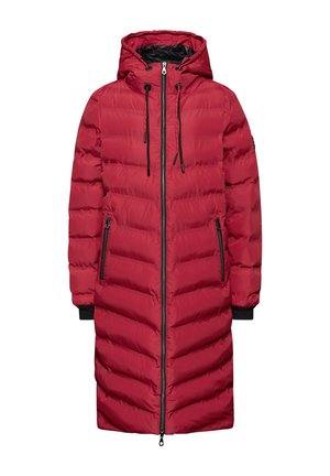 Červená péřová bunda s kapucí, žebrovanými manžetami a bočními zipovými kapsami. Obsahuje prošívaný design a zip po celé délce vpředu.