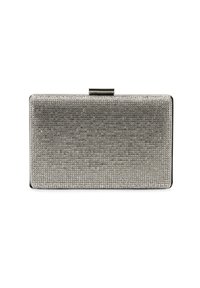 Rechteckige metallische Clutch mit einer strukturierten silbernen Oberfläche, verziert mit kleinen, klaren Strasssteinen und einem Verschluss.