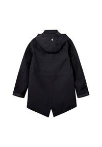 Zwarte waterdichte jas met een capuchon, met een recht model, verlaagde zoom en minimale accentstiksels. De achterkant heeft een sneeuwvloklogo.