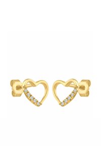 Kullast südamekujulised kõrvarõngad, mille ühel küljel on reas väiksed läbipaistvad kivid. Sile pind läikiva viimistlusega.