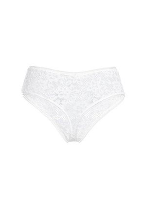 Weiße Spitzen-Damenslips mit Blumenmuster und gezackten Kanten, dargestellt auf einem schlichten weißen Hintergrund.