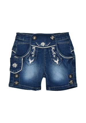 Dark blue denim shorts with white floral and deer embroidery, button details at waist and hem, front and side pockets.