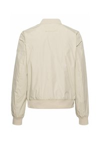 Blouson bomber beige léger avec col, poignets et ourlet côtelés, vu de dos avec manches longues et sans fermetures visibles.