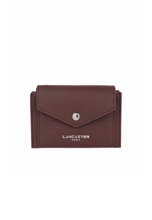 Brown textured leather card holder with a flap and snap closure. Features a logo printed in silver at the front. Compact rectangular shape.