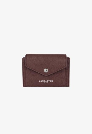 Brown textured leather card holder with a flap and snap closure. Features a logo printed in silver at the front. Compact rectangular shape.