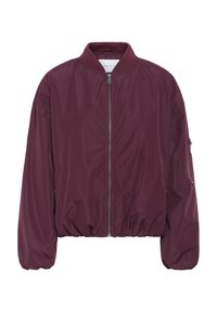 Veste bomber bordeaux avec fermeture éclair devant, col côtelé et ourlet élastiqué, dotée de poches latérales et d'une poche sur le bras avec fermeture éclair. Texture lisse.