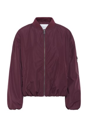 Burgundy bomber dzseki cipzáros elejével, bordás gallérral és elasztikus aljjal, oldalsó zsebekkel és cipzáras karzsebbel. Simába textúra.