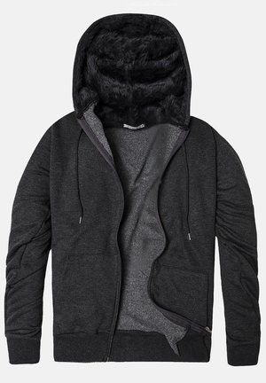 Sudadera con cremallera color gris oscuro, con forro suave de piel sintética negra en la capucha, bolsillos delanteros y cordones ajustables en las mangas y la capucha.