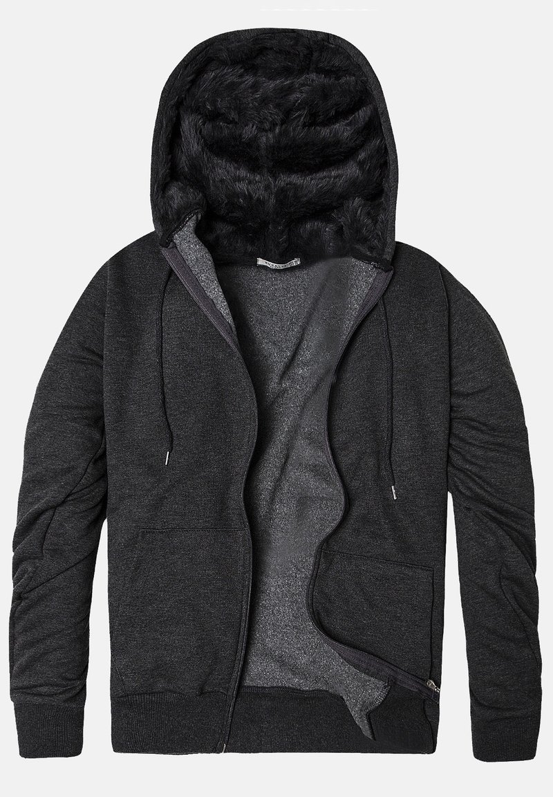 Sweat à capuche zippé gris foncé avec doublure douce en fausse fourrure noire à l'intérieur de la capuche, poches avant et cordons de serrage réglables aux manches et à la capuche.