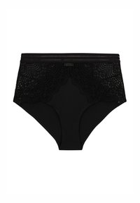 Culotte taille haute noire ornée de détails en dentelle complexe sur le haut et d'un tissu doux tout au long, offrant une couverture complète et une finition lisse.