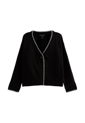 Cardigan noir avec un col en V, fermeture à boutons, et surpiqûres blanches contrastantes le long du col et des poignets. Tissu en tricot doux et texturé.