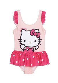 Costume da bagno di Hello Kitty con corpo rosa, spalline arricciate rosa e gonna svasata con pois bianchi. Stampa frontale di Hello Kitty.