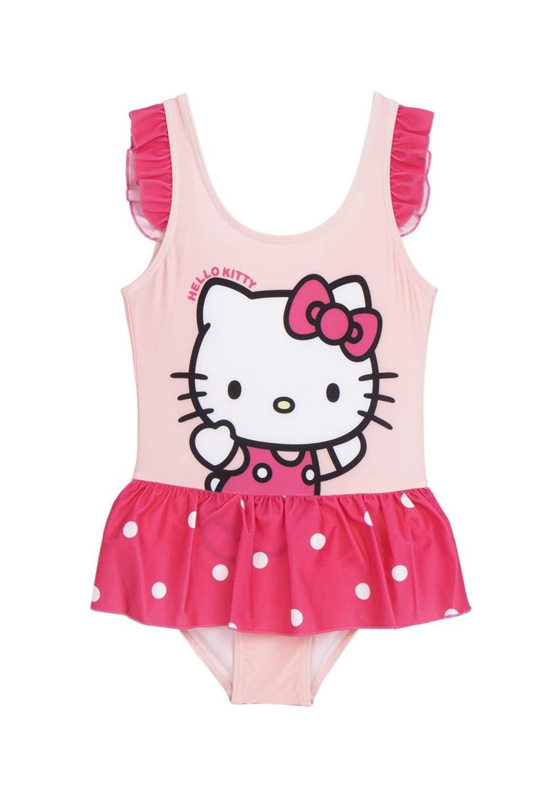 Costume da bagno di Hello Kitty con corpo rosa, spalline arricciate rosa e gonna svasata con pois bianchi. Stampa frontale di Hello Kitty.