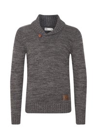 Strickpullover in Dunkelgrau mit Schalkragen, ausgestattet mit zwei Knöpfen und strukturiertem Stoff. Beinhaltet einen kleinen braunen Logo-Patch am Saum.