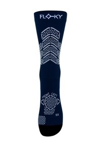 Calzino compressivo blu navy con suola grip decorata e dettagli testurizzati, etichettato "FRAZIONE SINISTRA" e logo in alto.