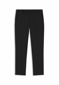 Black tailored trousers with a straight leg design, featuring two side pockets and front pleats for structure, made from smooth fabric.