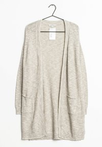 Lys grå strikket cardigan, åben frontdesign, lange ærmer, to frontlommer, ribbet manchetter og kant, tekstureret stof.