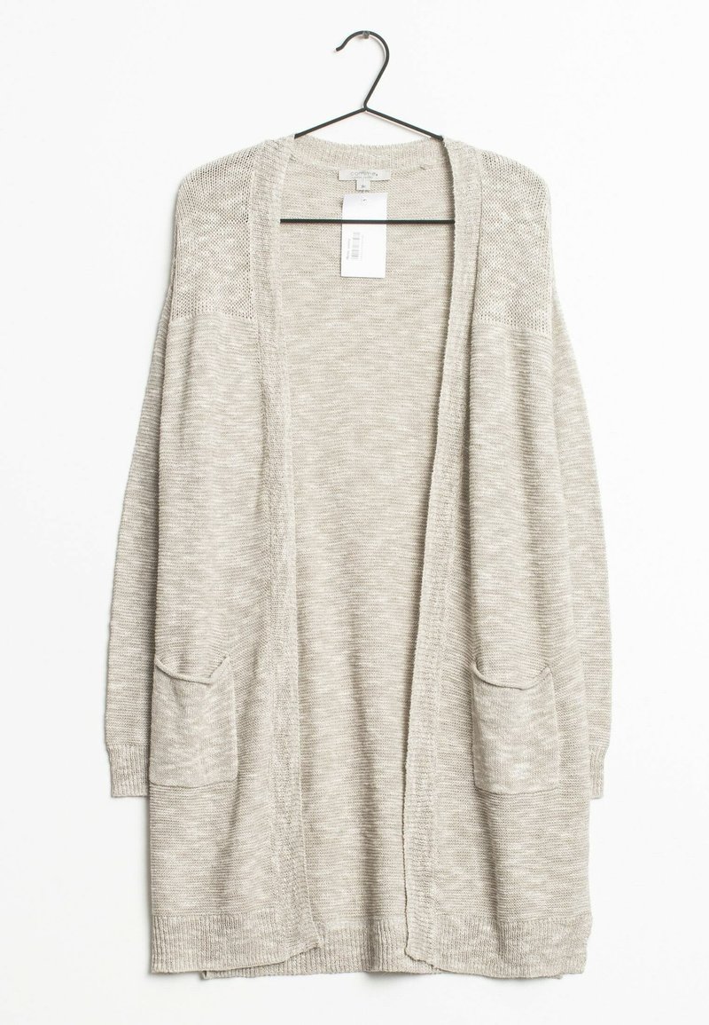 Cardigan lavorato a maglia di colore grigio chiaro, design aperto nella parte anteriore, maniche lunghe, due tasche frontali, polsini e orlo a coste, tessuto testurizzato.
