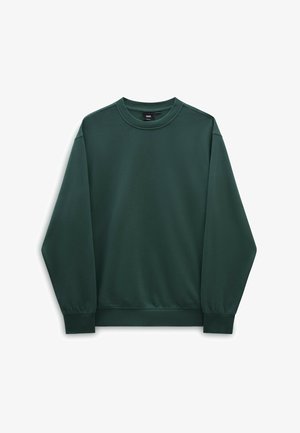 Sweat-shirt vert foncé à manches longues en matière douce, avec un col rond, des poignets et un ourlet côtelés. Texture lisse, design minimaliste.