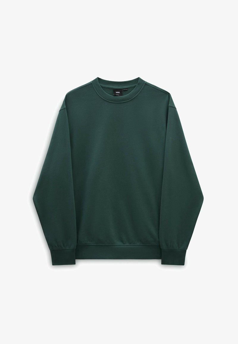 Sweat-shirt vert foncé à manches longues en matière douce, avec un col rond, des poignets et un ourlet côtelés. Texture lisse, design minimaliste.